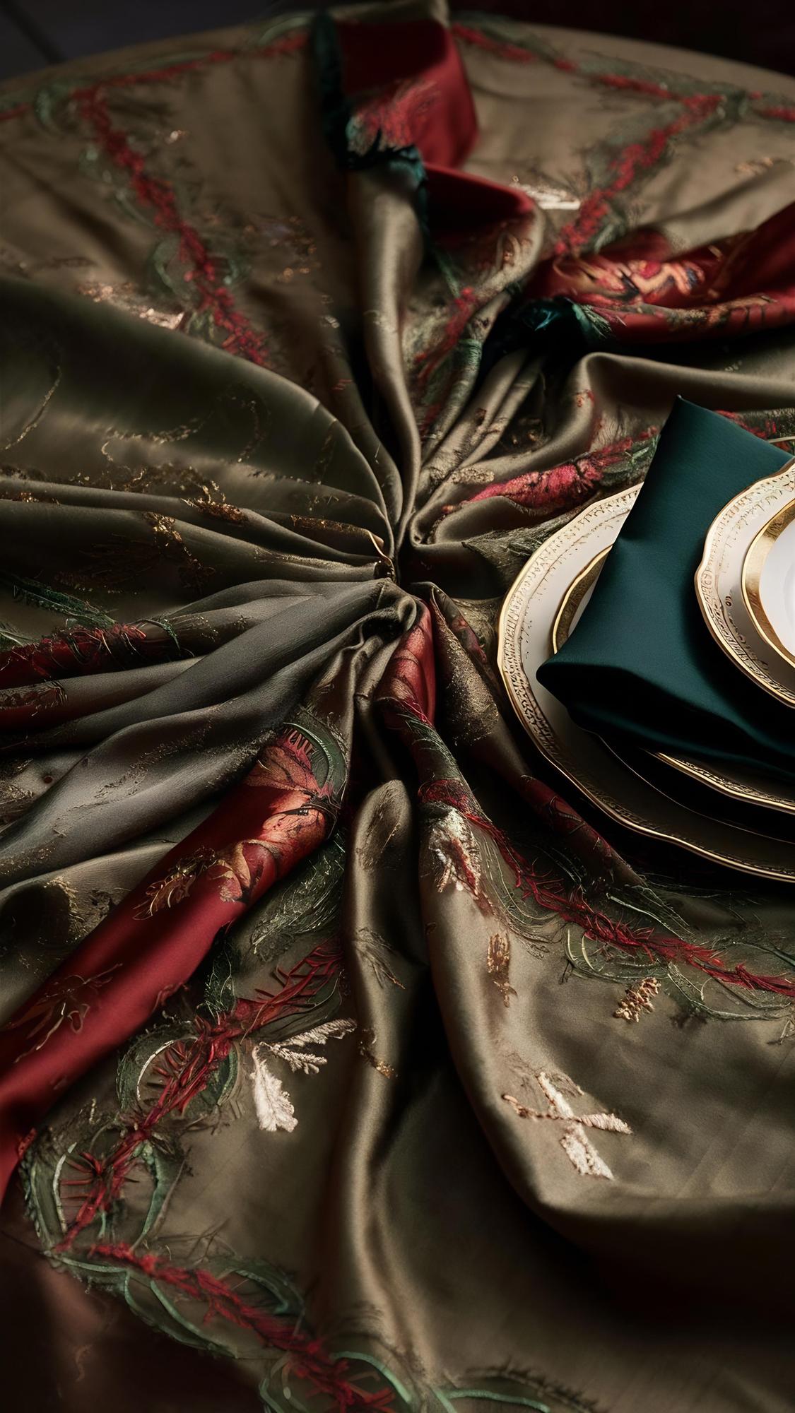large editorial shot of embroidered textile draped